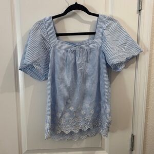 LOFT Light Blue & White Striped Embroidered Square-Neck Top